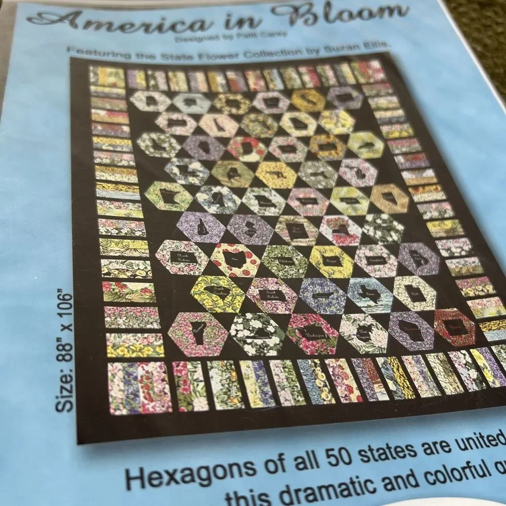 America in Bloom Quilt Pattern by Patti Carey Hexagon 50 States 88x106”